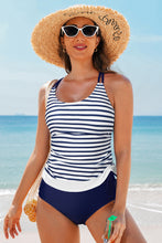 Blue Stripe Drawstring Tummy Control Mix-and-match 2pcs Tankini Swimsuit