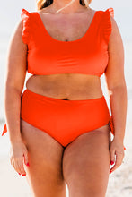 Orange Ruffled Trim Knotted High Waist Plus Size Bikini Set