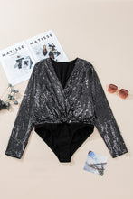 Black Sequin Mesh Long Sleeve Surplice Neck Bodysuit