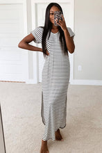 Striped Print Side Split Short Sleeve V Neck Maxi Dress