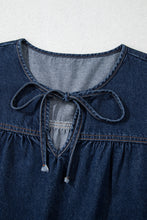 Sail Blue Puff Sleeve Lace-up Neckline Splicing Denim Blouse