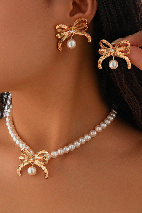 Gold Rhinestone Pearl Bow Decor Plated Necklace and Earrings Set