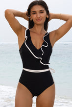 Black Color Contrast Ruffled Wrap V Neck Swimsuit