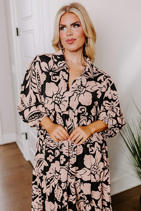 Black Plus Size Floral Printed Puff Sleeve Collared Maxi Dress