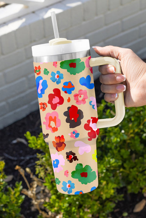 Khaki Flower Print Large Portable Cup with Handle 40OZ