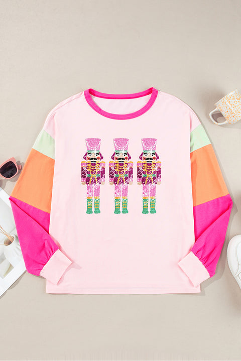 Pink Christmas Sequin Nutcracker Graphic Colorblock Long Sleeve Top