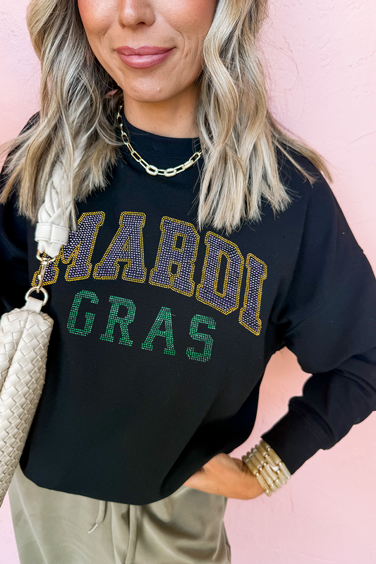 Black Rhinestone Mardi Gras Letter Graphic Drop Shoulder Sweatshirt