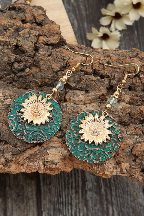 Real Teal Retro Sunflower Disc Alloy Dangle Earrings