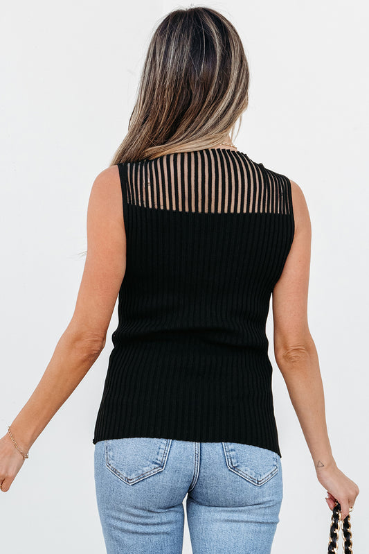 Black Ribbed Texture Mesh Cutout Knitted Sweater Vest