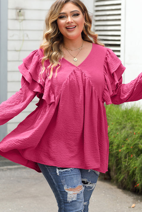 Blusa rosa con cuello en V y volantes arrugados talla grande 