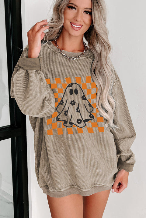 Khaki Checkerboard Floral Ghost Graphic Corded Halloween Sweatshirt