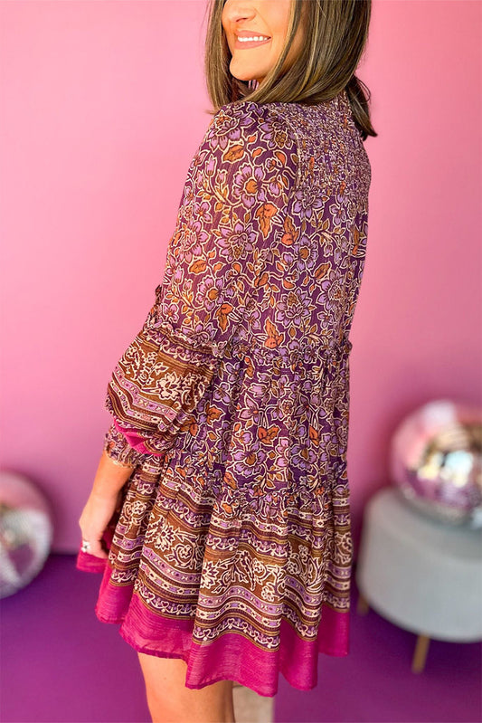 Purple Floral Smocked Puff Sleeve High Neck Mini Dress