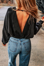 Black Acid Wash V-shape Open Back Sweatshirt