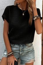 Black Solid Textured Ruffled Short Sleeve Blouse