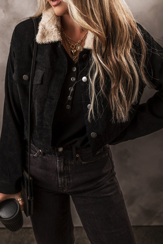 Black Fleece Lined Button-up Collared Corduroy Crop Jacket