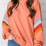 Flamingo Rainbow Striped Sleeve Crew Neck Loose Sweatshirt