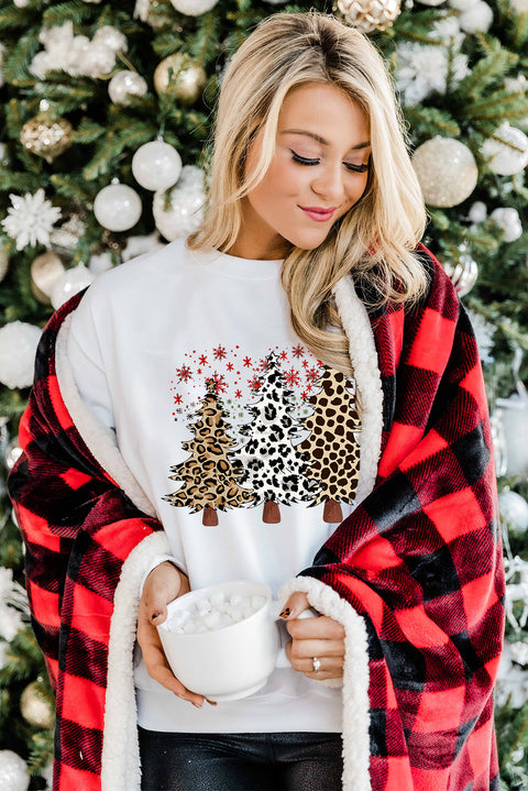 White Leopard Christmas Tree Graphic Crewneck Tee