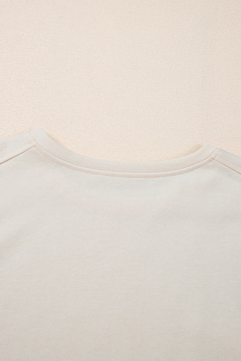 White Pearled Puff Sleeve Round Neck Loose Top