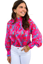 Purple Printed Bubble Sleeve Mock Neck Blouse