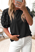 Black Ribbed Pearl Beaded Puff Sleeve Top