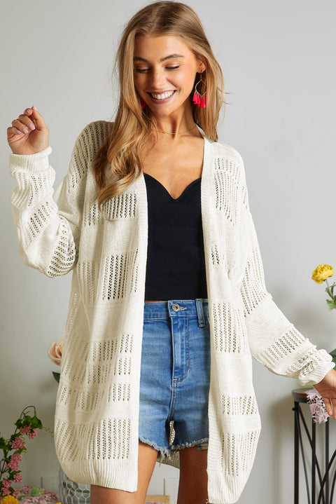 White Solid Color Lightweight Open Knit Tunic Cardigan