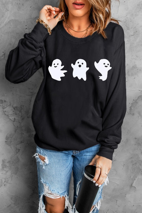 Black Halloween Ghosts Print Round Neck Sweatshirt