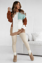 Khaki Mix Textured Knit Colorblock Patchwork Sweater