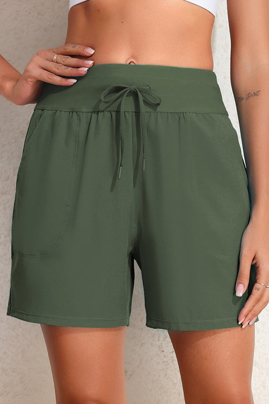 Green Solid Pocketed Drawstring High Waist Swim Bottom