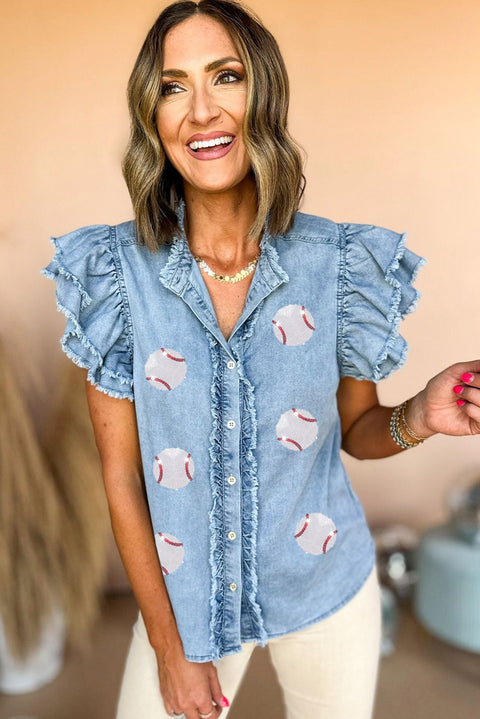 Beau Blue Sequin Baseball Graphic Button Up Ruffled Sleeve Frayed Denim Top