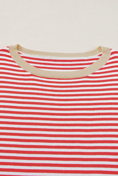 Fiery Red Contrast Trimmed Striped Drop Shoulder Sweater