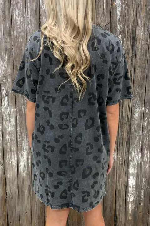 Vestido estilo camiseta de leopardo lavado vintage con bolsillos 