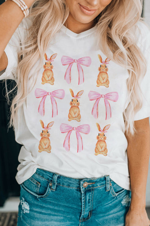 White Rabbit Bow Knot Print Crew Neck T Shirt