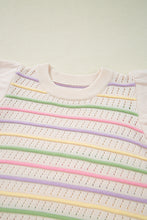 Oatmeal Colorful Striped Eyelet Knit Ruffled Sleeve Sweater T Shirt