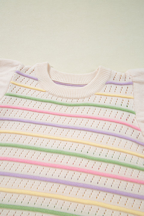 Oatmeal Colorful Striped Eyelet Knit Ruffled Sleeve Sweater T Shirt