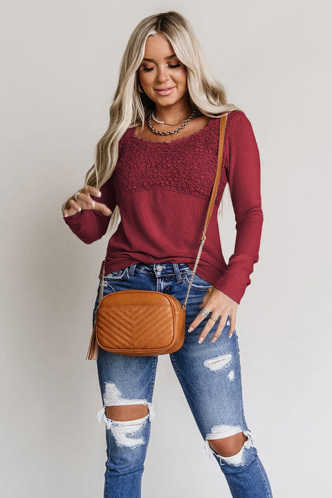 Beige Lace Crochet V Neck Long Sleeve Top