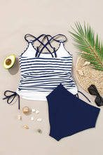 Blue Stripe Drawstring Tummy Control Mix-and-match 2pcs Tankini Swimsuit