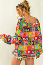 Multicolor Floral Crochet Square Neck Puff Sleeve Blouse