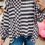 Dark Grey Checkerboard Striped Patchwork Lantern Sleeve Pocketed Blouse