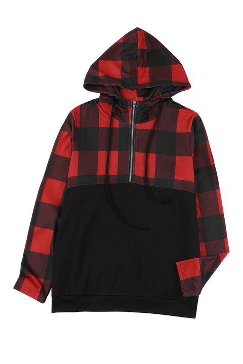 Contrast Buffalo Plaid Zip Pullover Hooded Top