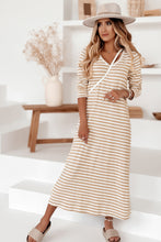 Khaki Striped V-neck Long Sleeve Casual Dress