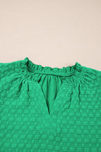 Bright Green Textured Puff Short Sleeve Notched V Neck Top