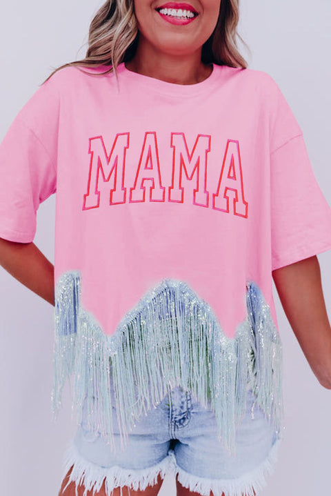 Pink MAMA Embroidered Sequin Tassel Patchwork T Shirt