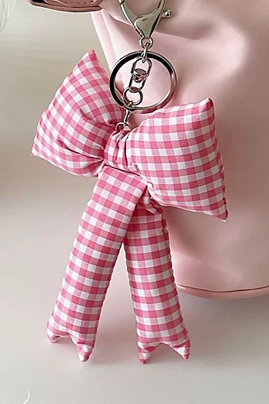 Pink Gingham Puffer Bow Knot Bag Pendant Keychain