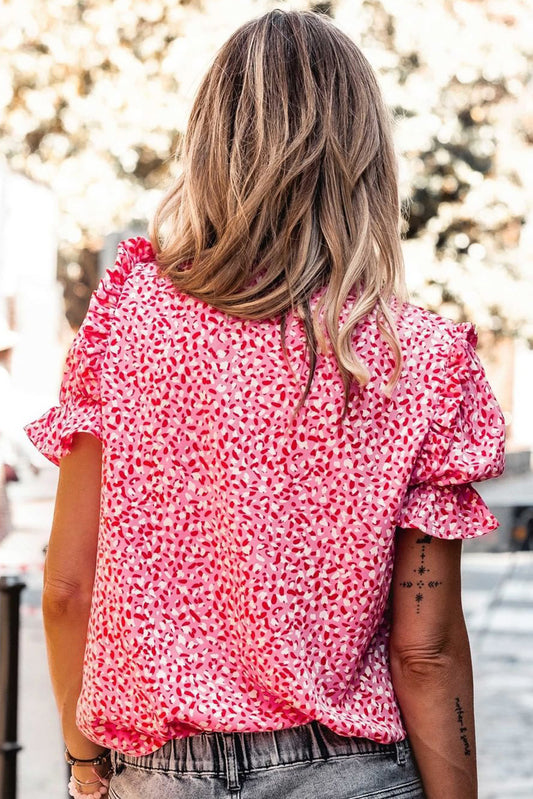 Abstract Print Buttoned Ruffle Sleeve Shirt