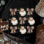 Black Santa Claus Leopard Bow Print Crew Neck Casual T Shirt