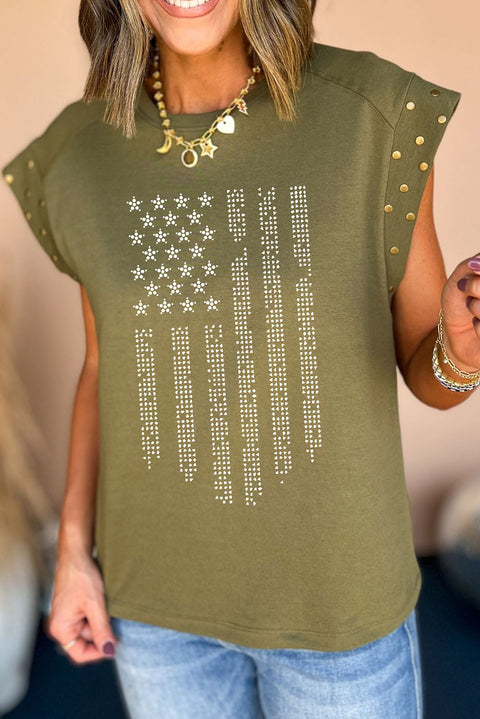 Guacamole Green Rhinestone Stars Stripes Graphic Studded Sleeve Tee