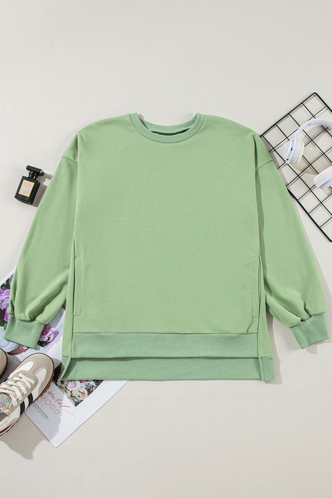 Grass Green Solid Fleece Lined Drop Shoulder High Low Sweatshirt