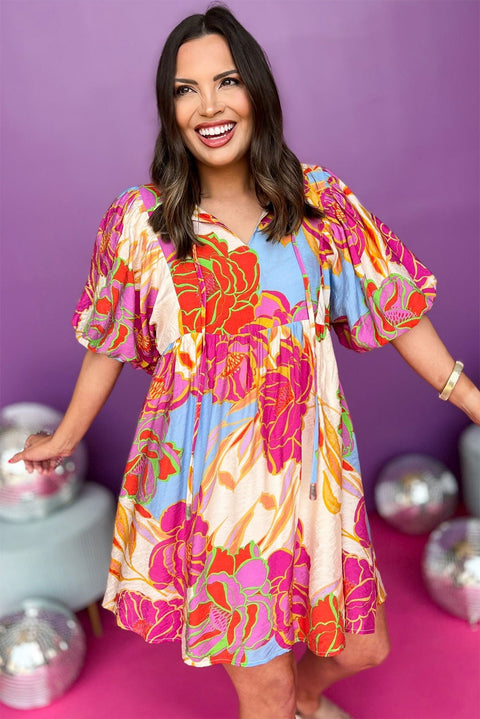 Rose Floral Print Split Neck Babydoll Dress