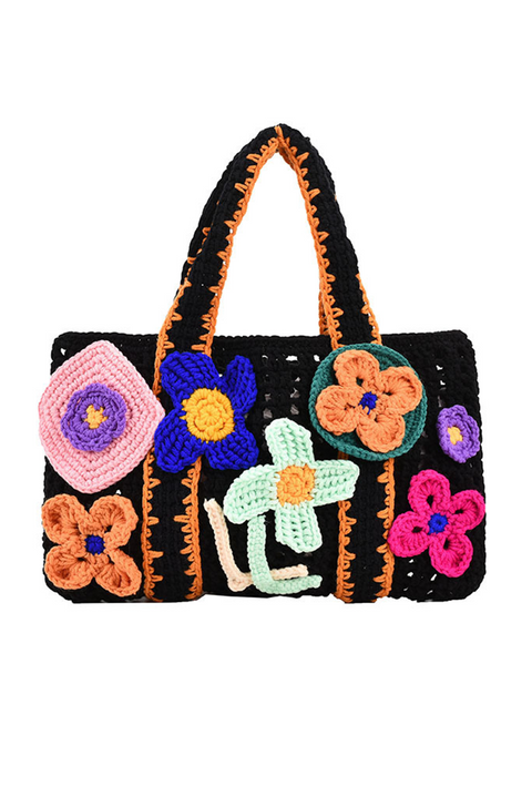 Black Flower Crochet Granny Knitted Tote Bag