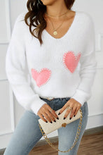 White Pearl Beaded Heart Pattern Fuzzy V Neck Sweater